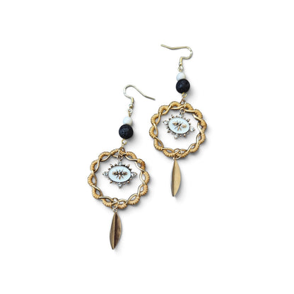 Upcycled Yellow and Gold Braid with Bees and Lava Beads Dangle Earrings