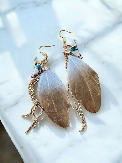 Colorful Bull Skull and Gold and White Feather Earrings