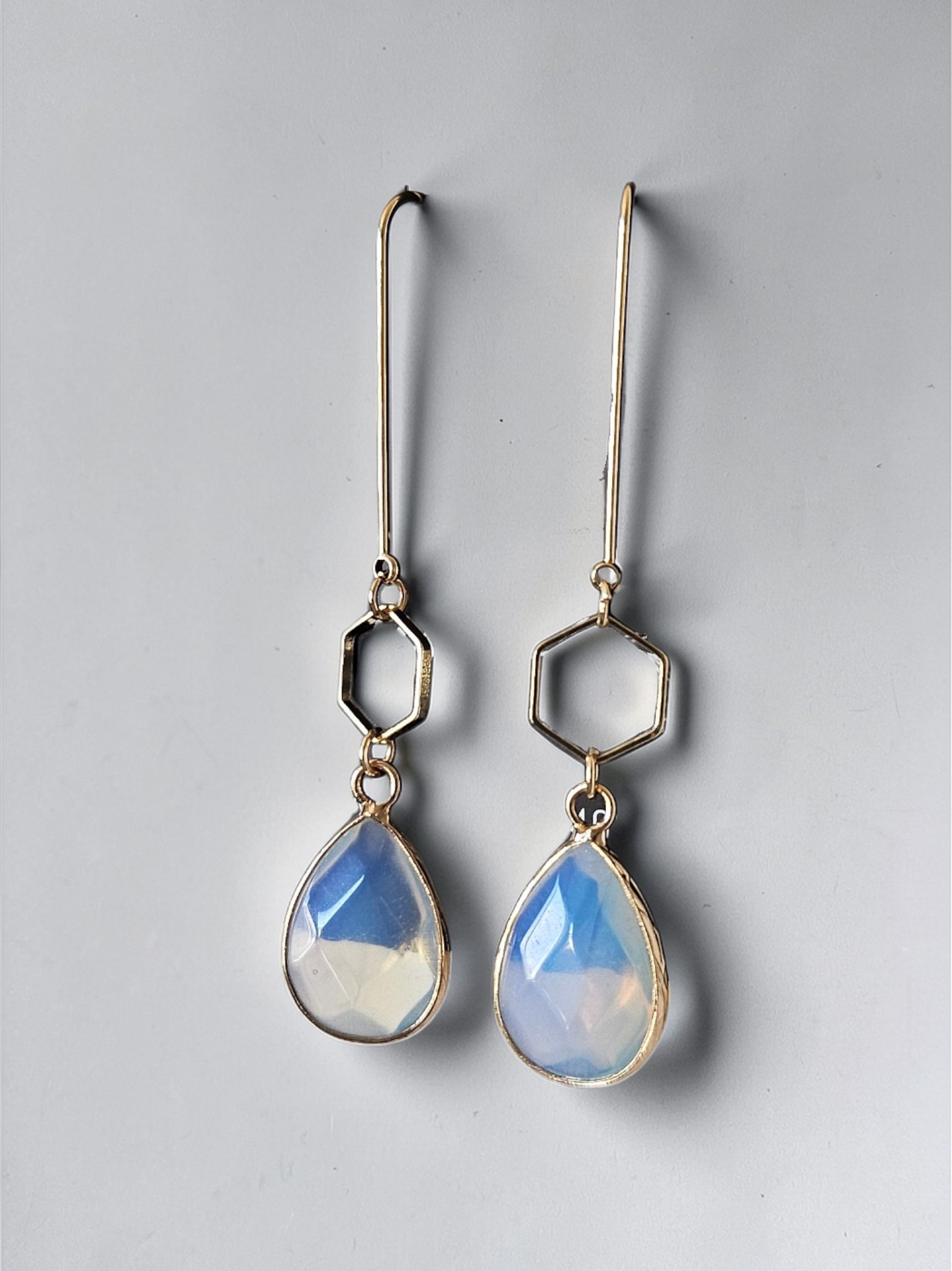 Teardrop Gemstones and Hexagons on Golden U-shaped Earrings