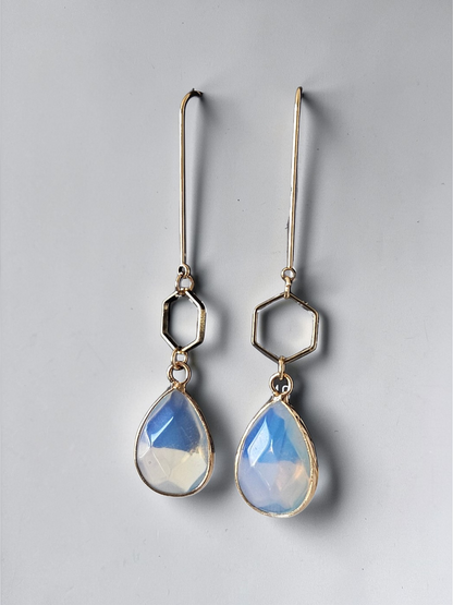 Teardrop Gemstones and Hexagons on Golden U-shaped Earrings