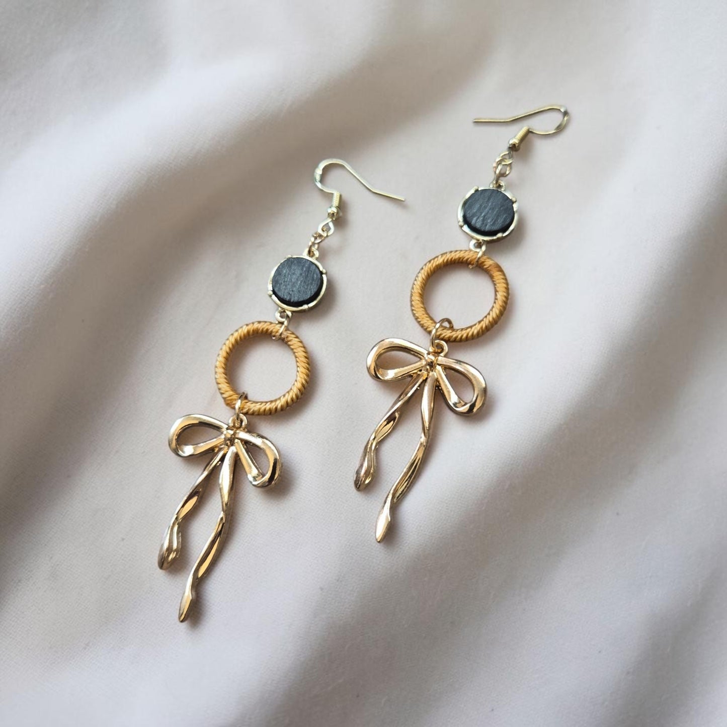 Black, Yellow, and Gold Boho Bow Dangle Earrings