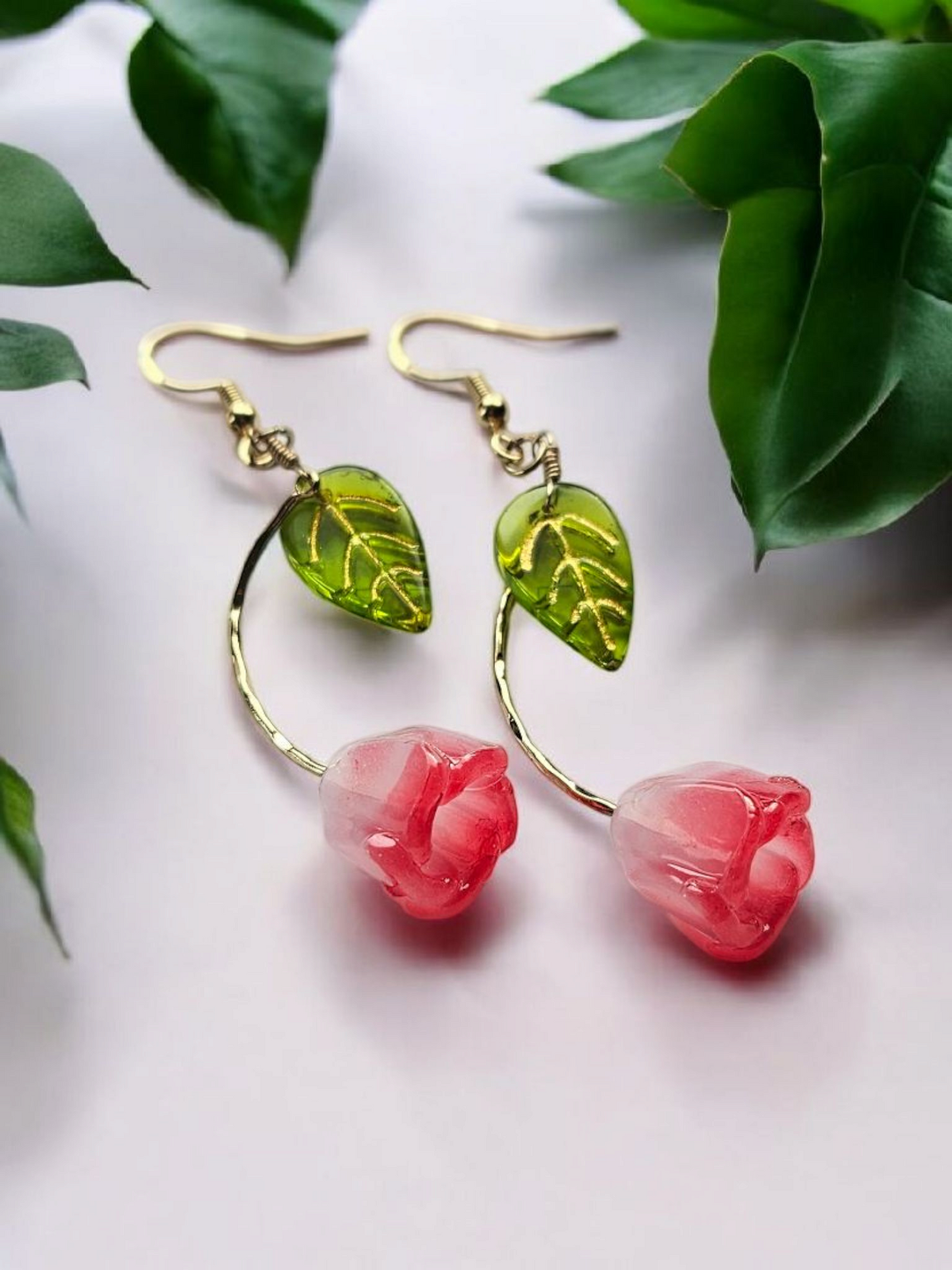 Glass Pink Tulip with Green Leaf Dangle Earrings