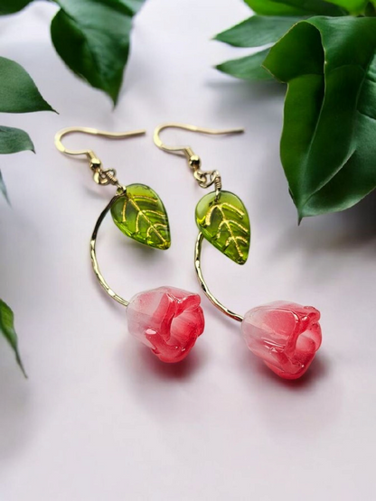 Glass Pink Tulip with Green Leaf Dangle Earrings