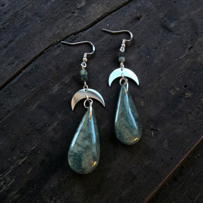 Silver Crescent Moons with Forest Green Teardrops Upcycled Dangle Earrings
