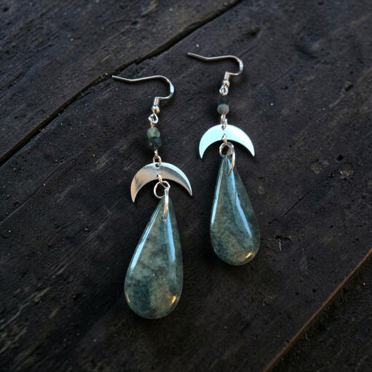 Silver Crescent Moons with Forest Green Teardrops Upcycled Dangle Earrings