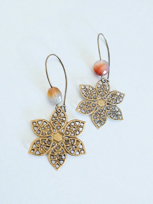 Upcycled Bronze Flowers And Gemstone Beads Dangle Earrings Eco Friendly Sustainable Jewelry