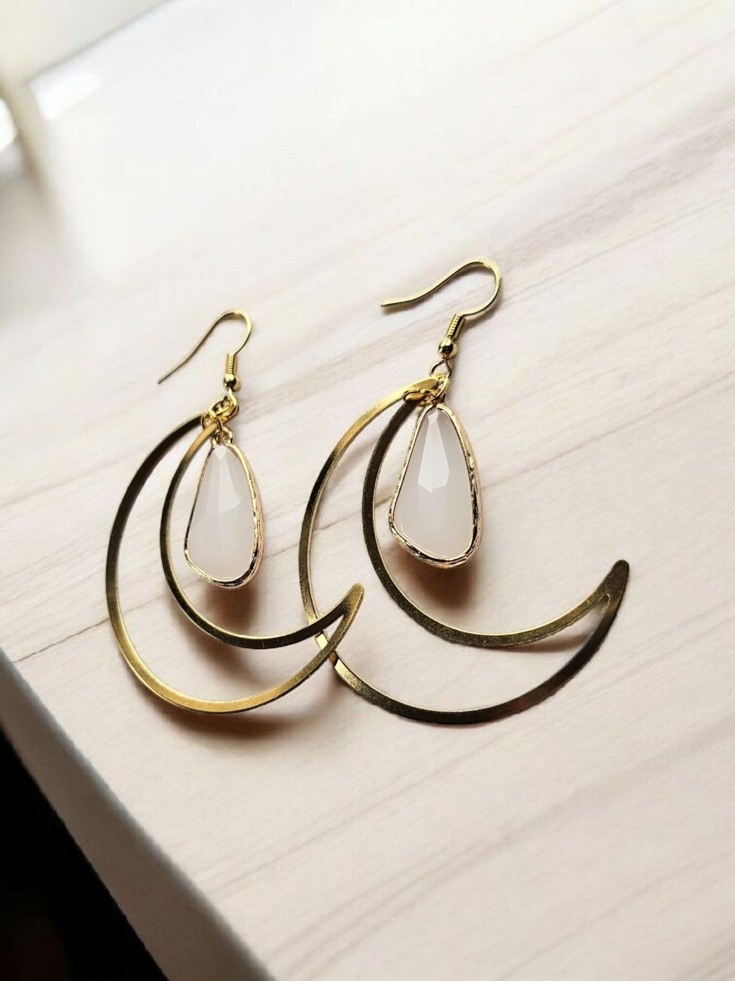 Large Brass Moons with Rose Quartz Teardrop Dangle Earrings
