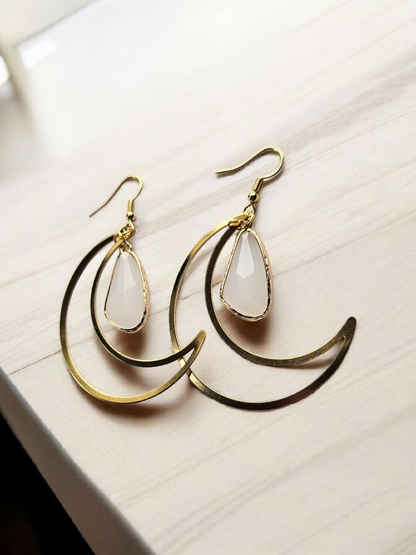 Large Brass Moons with Rose Quartz Teardrop Dangle Earrings