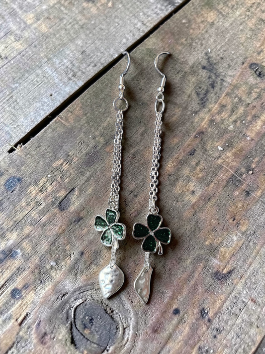 Upcycled Shimmery Green Clovers and Silver Chain Dangle Earrings