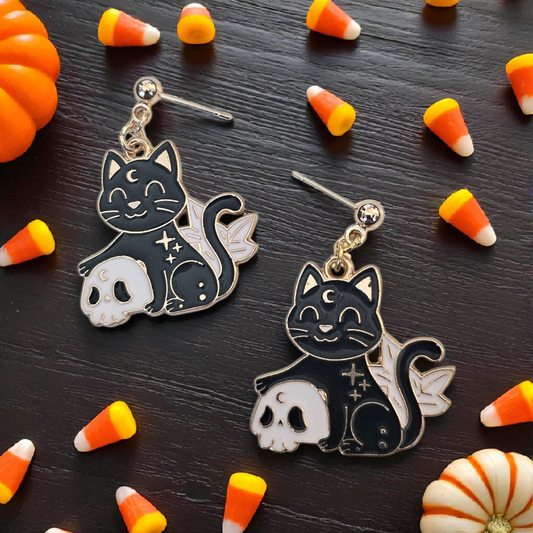 Cutesy Black Cat and Skulls Stud Earrings