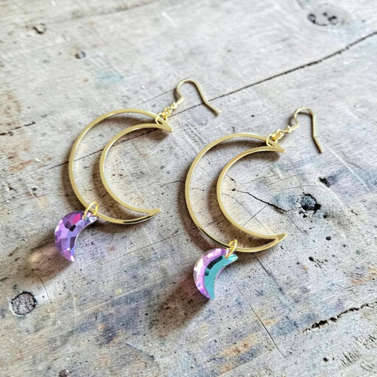 Golden Crescent Moons with Iridescent Moon Charms Dangle Earrings