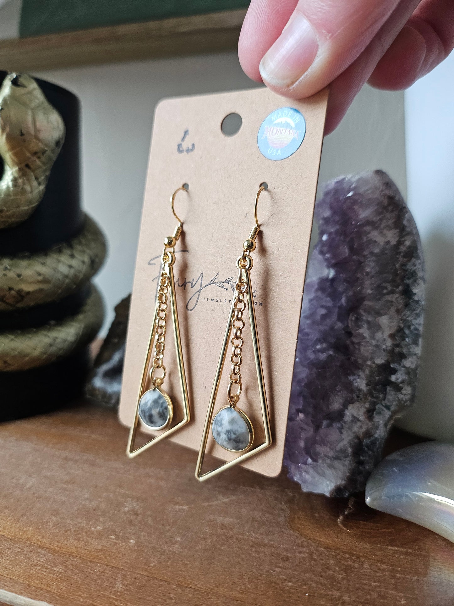 Upcycled Gold Wonky Triangle with Black and White Gemstone on Chains Dangle Earrings