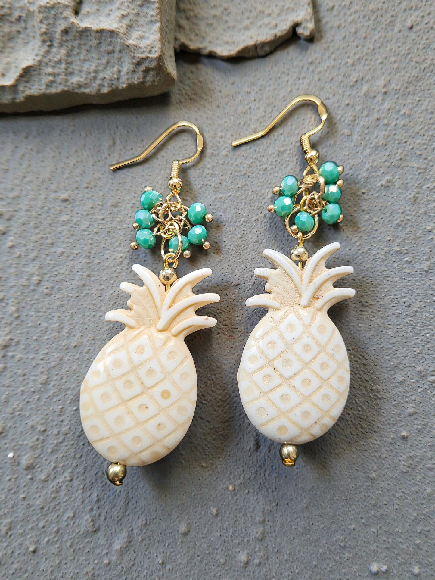 Ivory Pineapples with Teal Shimmer Bead Clusters Dangle Earrings