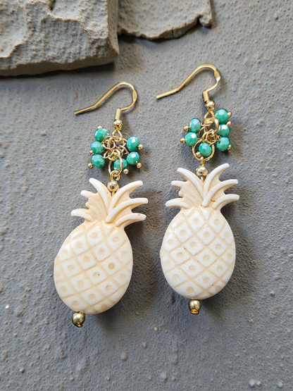 Ivory Pineapples with Teal Shimmer Bead Clusters Dangle Earrings