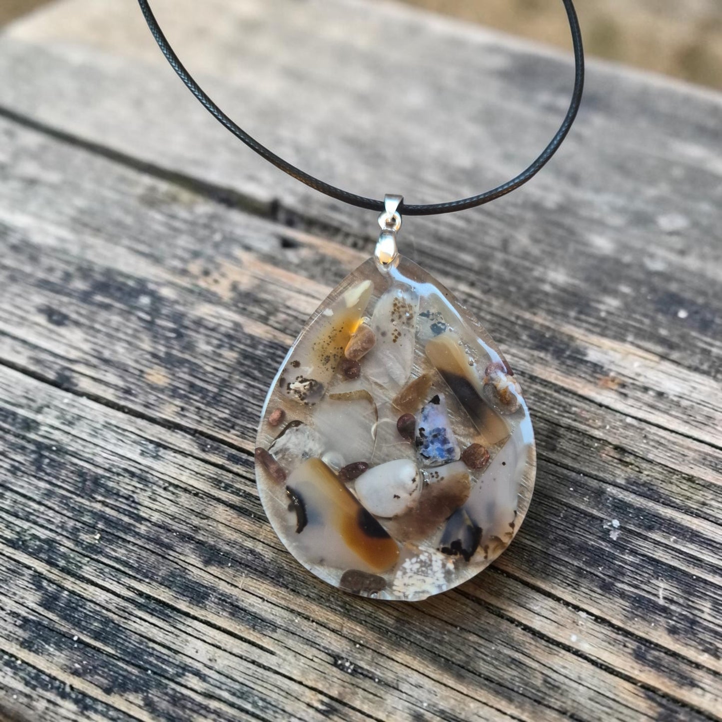 Tumbled Montana Moss Agate in Teardrop Resin Pendant on Black Leather Necklace