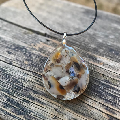 Tumbled Montana Moss Agate in Teardrop Resin Pendant on Black Leather Necklace