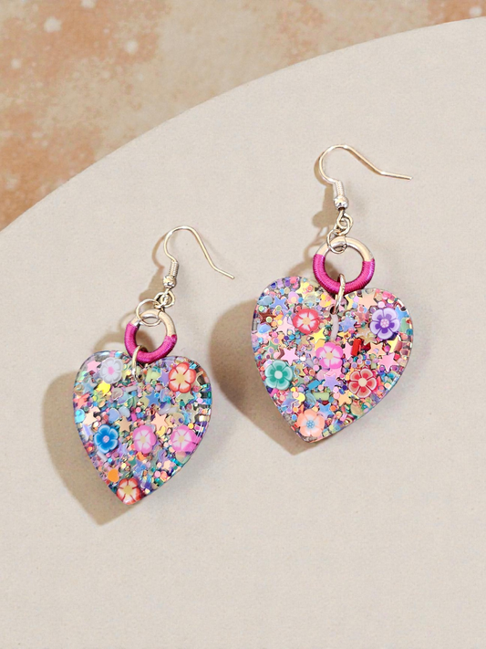 Upcycled Shimmering Confetti Resin Hearts Dangle Earrings