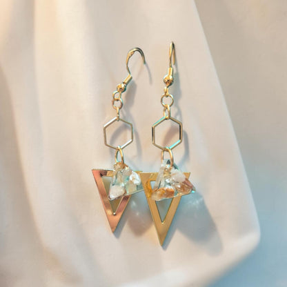 Golden Geometric Dangle Earrings with Tumbled River Stone in Resin