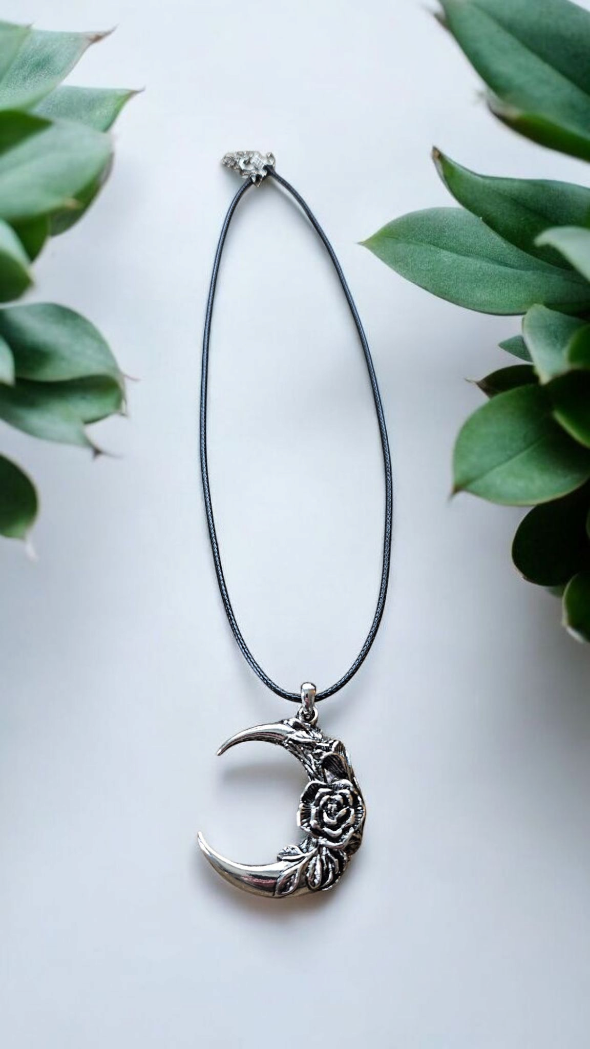 Silver Crescent Moon with Flower Inlay 16" Black Leather Necklace