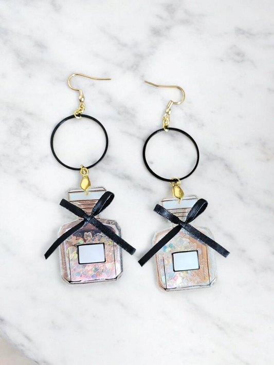 Black and Shimmer Perfume Bottle Long Dangle Earrings