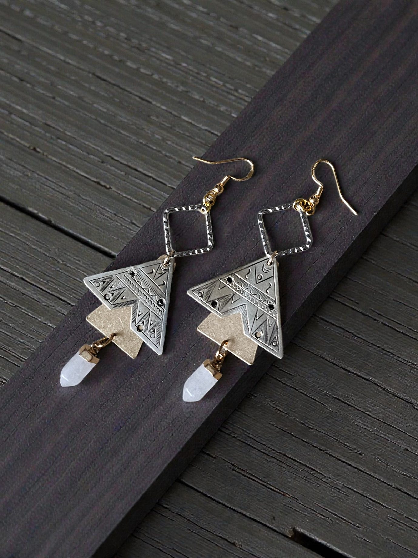Upcycled Antique Silvery and Golden Geometric Earrings with Rose Gold Crystal Point Dangles