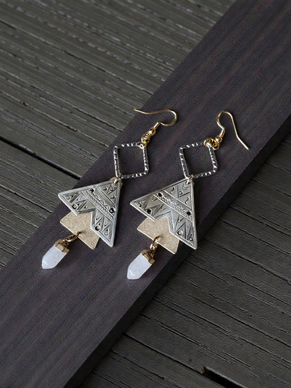 Upcycled Antique Silvery and Golden Geometric Earrings with Rose Gold Crystal Point Dangles