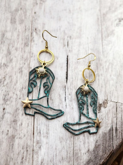 Teal and Spurs Upcycled Cowboy Boot Dangle Earrings