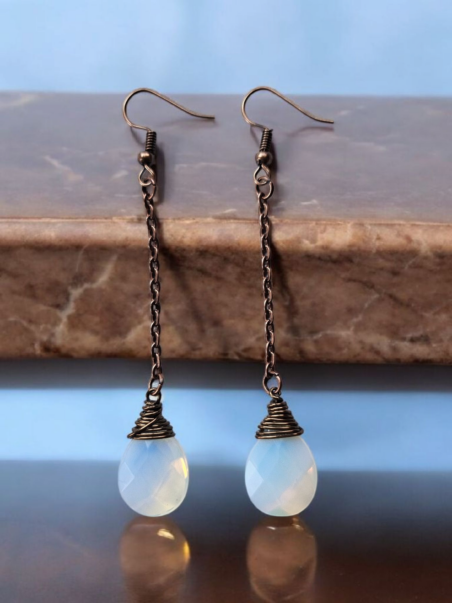 Upcycled Copper and Moonstone Teardrop Dangle Earrings