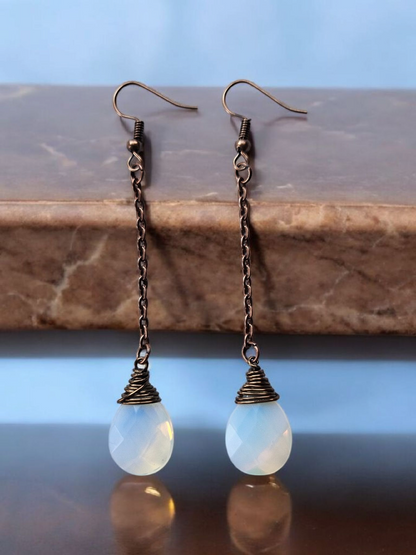 Upcycled Copper and Moonstone Teardrop Dangle Earrings