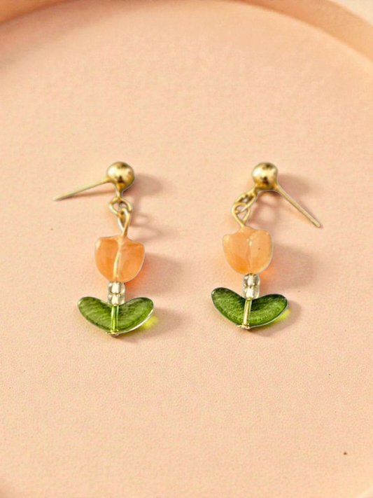 Peach Tulip on Gold Dangle Stud Earrings
