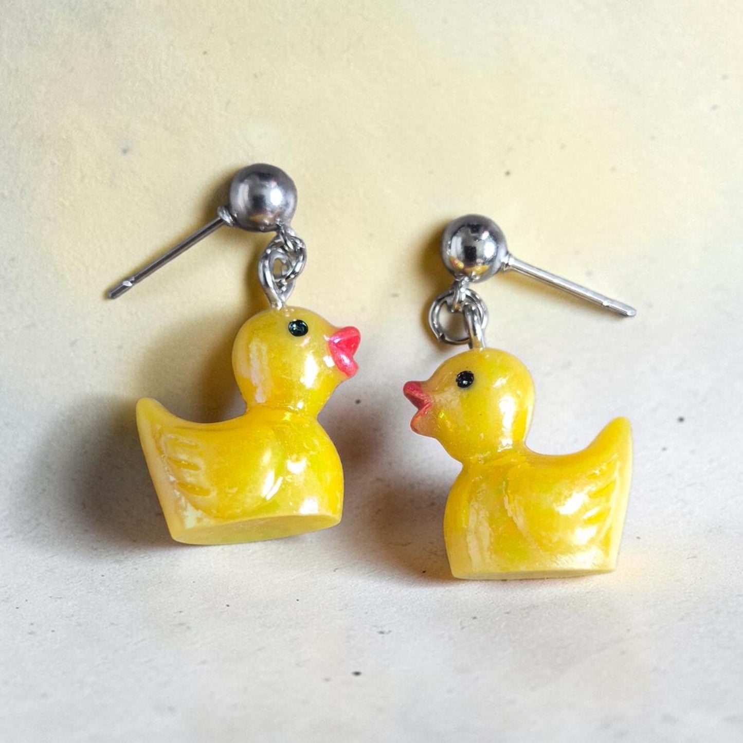 Yellow Rubber Ducky Resin Dangle Earrings on Silver Studs