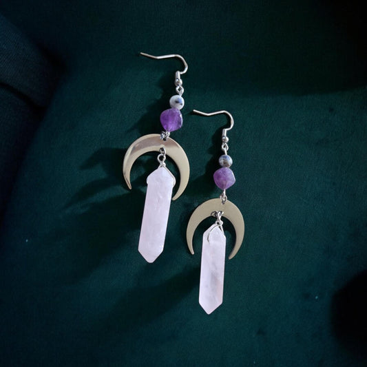 Rose Quartz, Amethyst, and Lapis Lazuli Crescent Moon Dangle Earrings