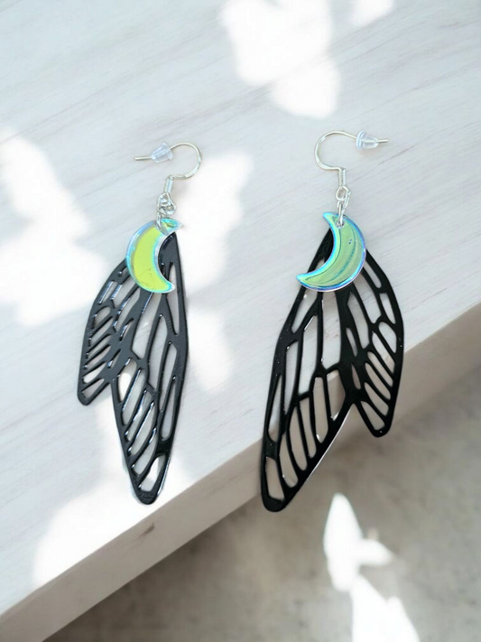 Black Moth Wings Dangle Earrings With Iridescent Moon Charms For Women Gothic Jewelry