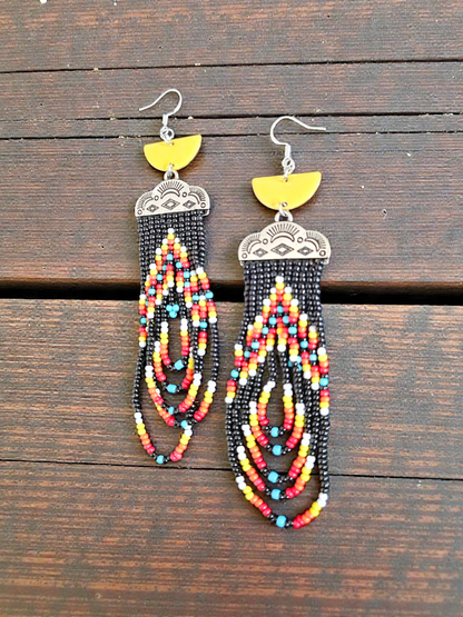 Colorful Western Beading on Sunny Yellow Dangle Earrings