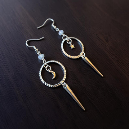 Celestial Silver Upcycled Dangle Earrings with Star and Moon Charms