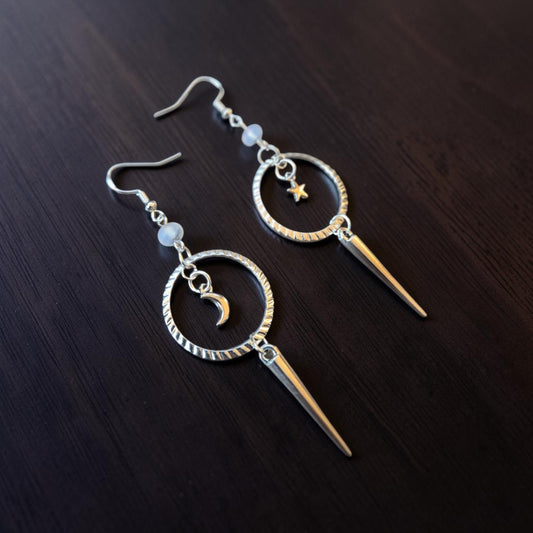 Celestial Silver Upcycled Dangle Earrings with Star and Moon Charms