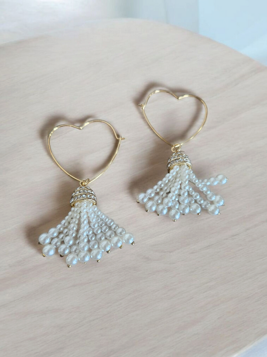 Heart Hoop with Pearl Tassles Dangle Earrings