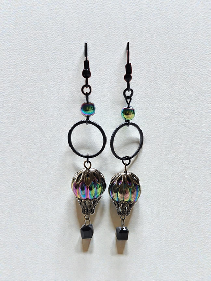 Upcycled Rainbow Sheen Hot Air Balloon Charms with Black Accents Dangle Earrings