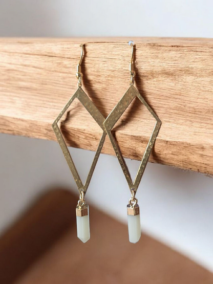 Elongated Diamond Geometric Dangle Earrings with White Gemstone Teardrop