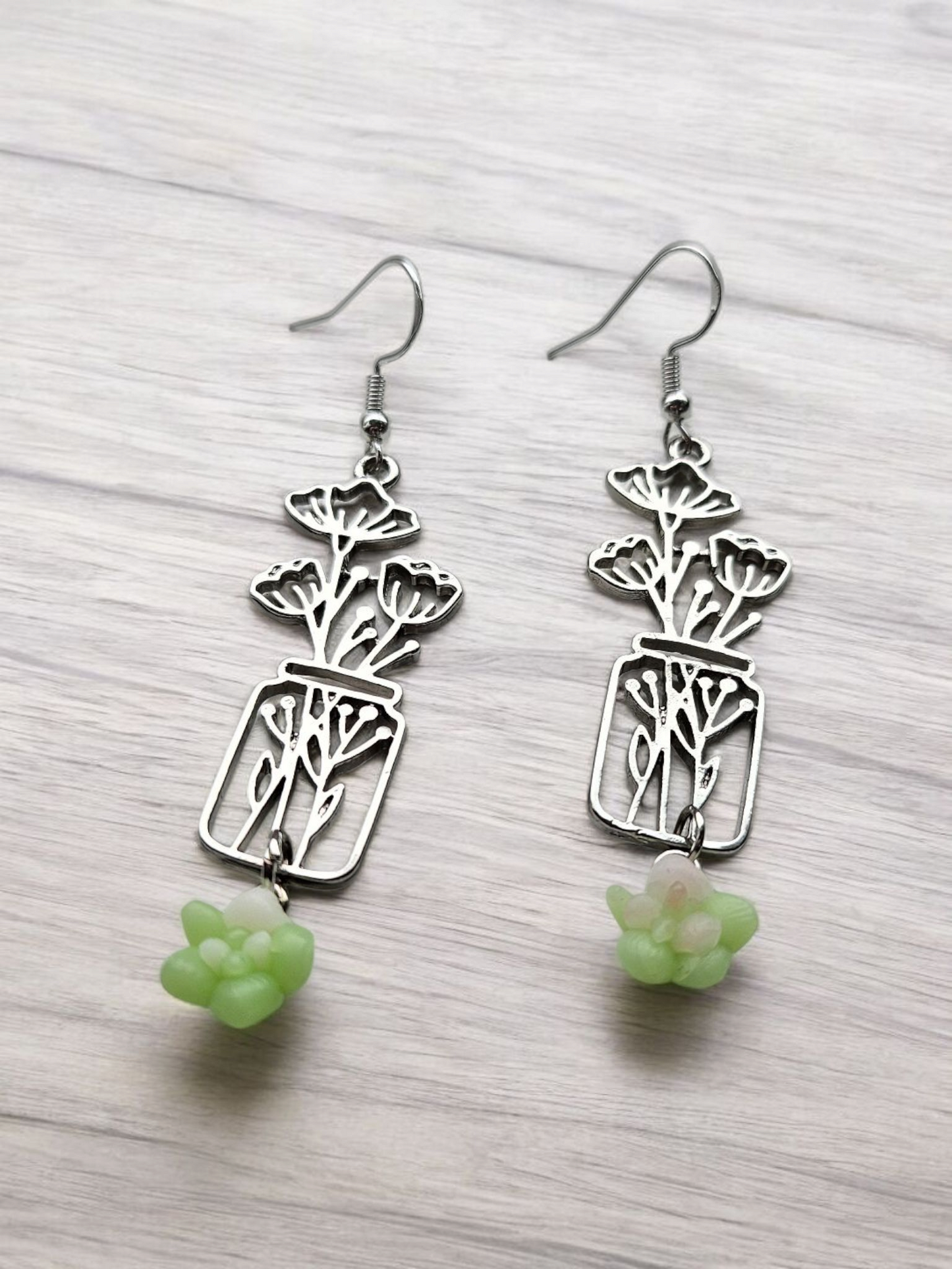 Silver Flower Jar and Succulents Dangle Earrings