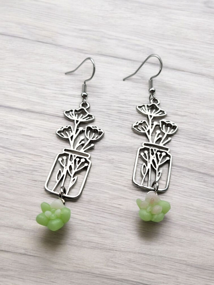 Silver Flower Jar and Succulents Dangle Earrings