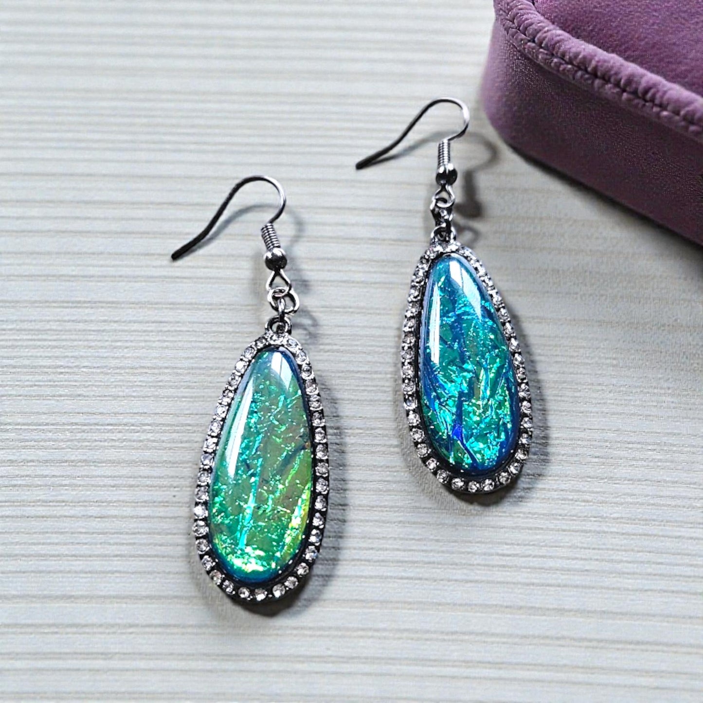 Holographic Blue and Green Teardrop Dangle Earrings