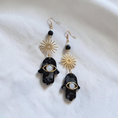 Hamsa Black & Gold Dangle Earrings