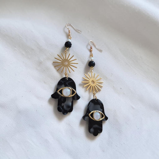Hamsa Black & Gold Dangle Earrings