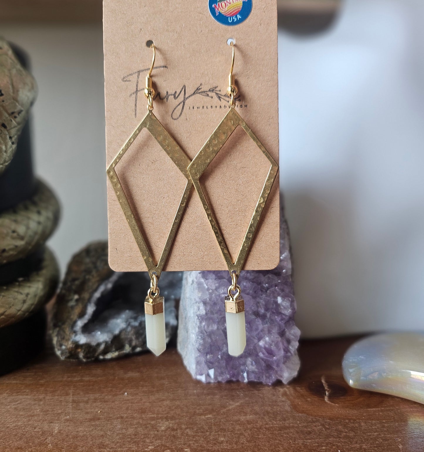 Elongated Diamond Geometric Dangle Earrings with White Gemstone Teardrop