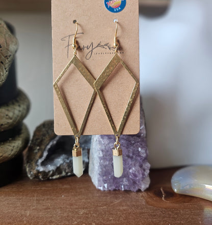 Elongated Diamond Geometric Dangle Earrings with White Gemstone Teardrop