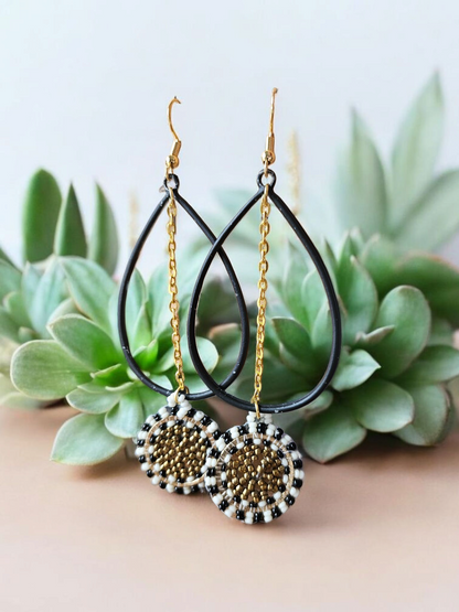 Black and Gold Upcycled Beaded Teardrop Earrings