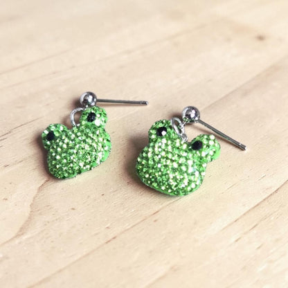 Green Rhinestone Frogs on Silver Studs
