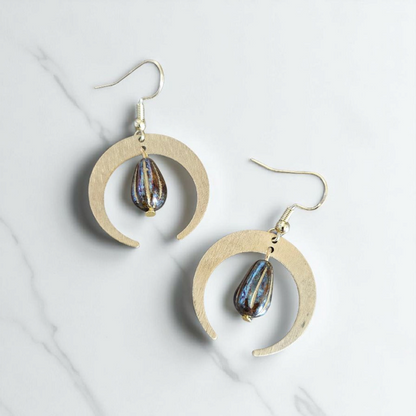 Gold Crescent Moon with Teardrop Bead Dangle Earrings