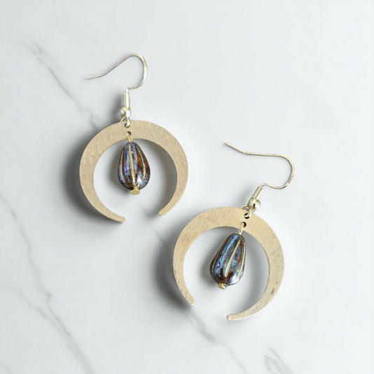 Gold Crescent Moon with Teardrop Bead Dangle Earrings